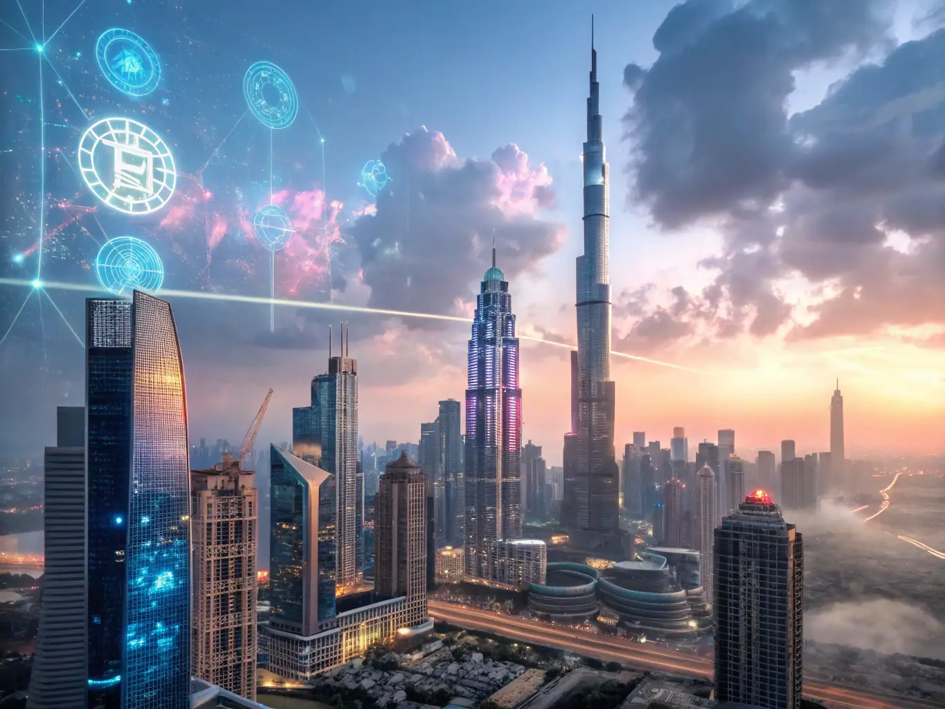 A futuristic cityscape with glowing lines representing blockchain technology, symbolizing the integration of crypto into everyday life.